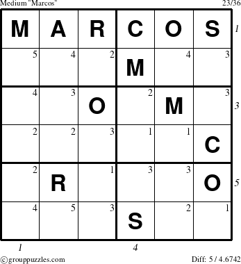 The grouppuzzles.com Medium Marcos puzzle for  with all 5 steps marked