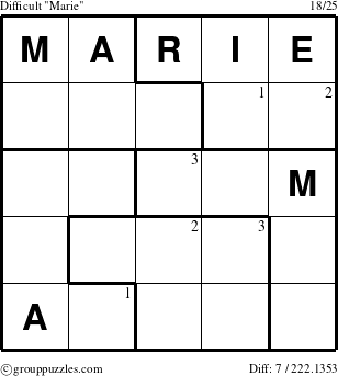 The grouppuzzles.com Difficult Marie puzzle for  with the first 3 steps marked