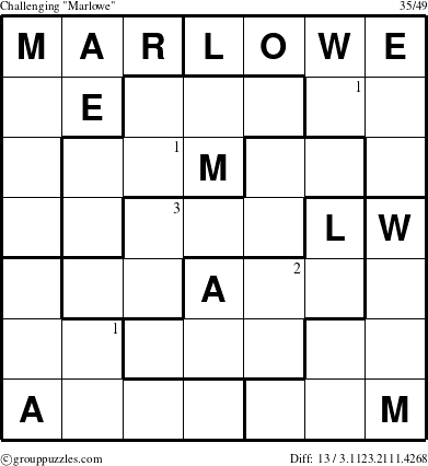 The grouppuzzles.com Challenging Marlowe puzzle for  with the first 3 steps marked