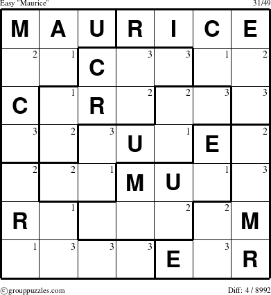 The grouppuzzles.com Easy Maurice puzzle for  with the first 3 steps marked