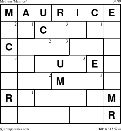 The grouppuzzles.com Medium Maurice puzzle for  with the first 3 steps marked