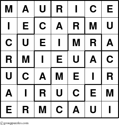 The grouppuzzles.com Answer grid for the Maurice puzzle for 