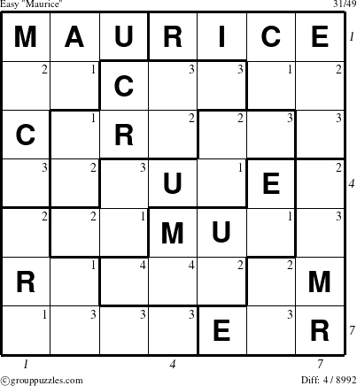 The grouppuzzles.com Easy Maurice puzzle for  with all 4 steps marked