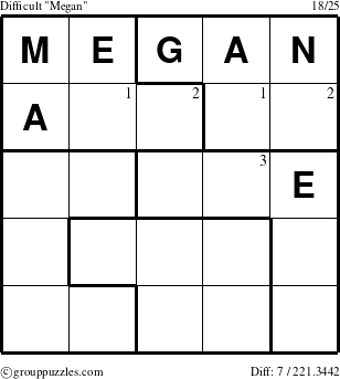 The grouppuzzles.com Difficult Megan puzzle for  with the first 3 steps marked