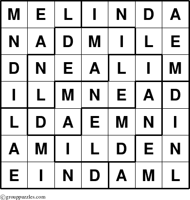 The grouppuzzles.com Answer grid for the Melinda puzzle for 