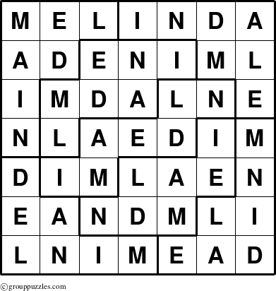 The grouppuzzles.com Answer grid for the Melinda puzzle for 