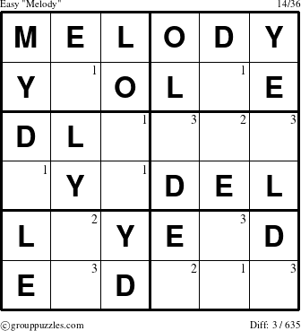 The grouppuzzles.com Easy Melody puzzle for  with the first 3 steps marked