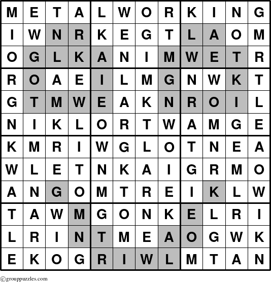 The grouppuzzles.com Answer grid for the Metalworking puzzle for 