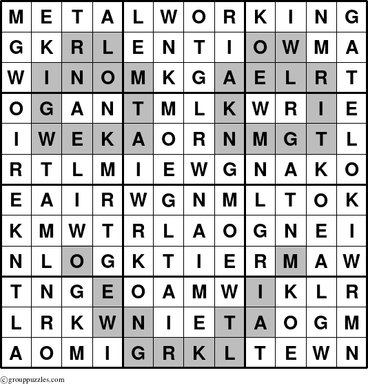 The grouppuzzles.com Answer grid for the Metalworking puzzle for 