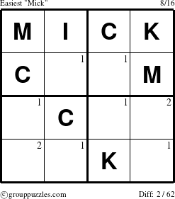 The grouppuzzles.com Easiest Mick puzzle for  with the first 2 steps marked