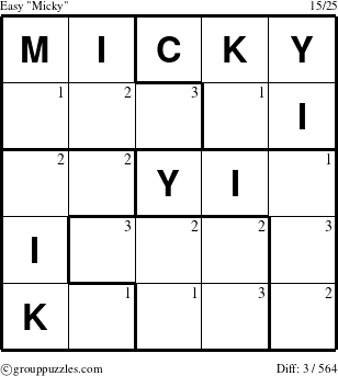 The grouppuzzles.com Easy Micky puzzle for  with the first 3 steps marked