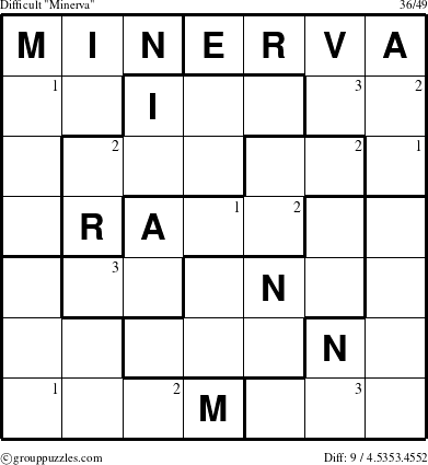 The grouppuzzles.com Difficult Minerva puzzle for  with the first 3 steps marked