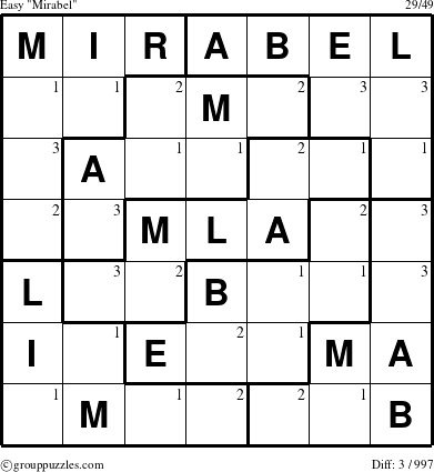 The grouppuzzles.com Easy Mirabel puzzle for  with the first 3 steps marked