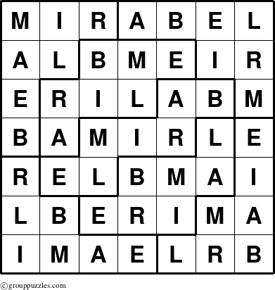 The grouppuzzles.com Answer grid for the Mirabel puzzle for 