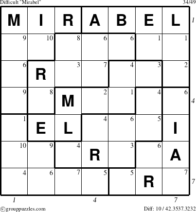 The grouppuzzles.com Difficult Mirabel puzzle for  with all 10 steps marked