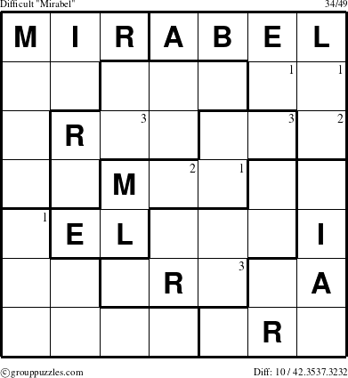 The grouppuzzles.com Difficult Mirabel puzzle for  with the first 3 steps marked