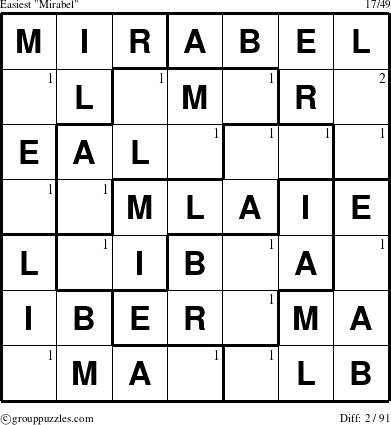 The grouppuzzles.com Easiest Mirabel puzzle for  with the first 2 steps marked
