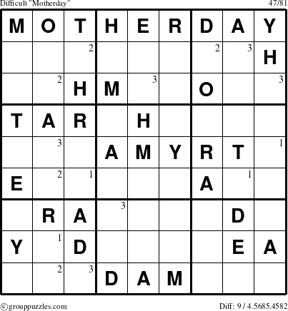 The grouppuzzles.com Difficult Motherday puzzle for  with the first 3 steps marked