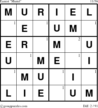 The grouppuzzles.com Easiest Muriel puzzle for  with the first 2 steps marked