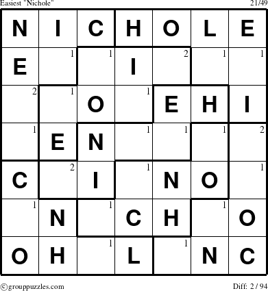 The grouppuzzles.com Easiest Nichole puzzle for  with the first 2 steps marked