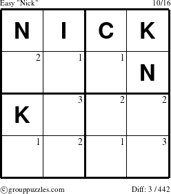 The grouppuzzles.com Easy Nick puzzle for  with the first 3 steps marked