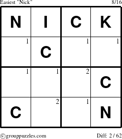 The grouppuzzles.com Easiest Nick puzzle for  with the first 2 steps marked