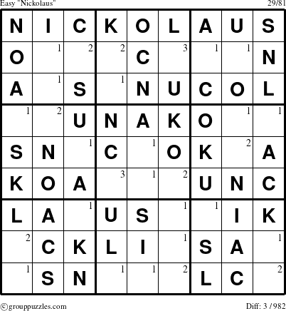 The grouppuzzles.com Easy Nickolaus puzzle for  with the first 3 steps marked