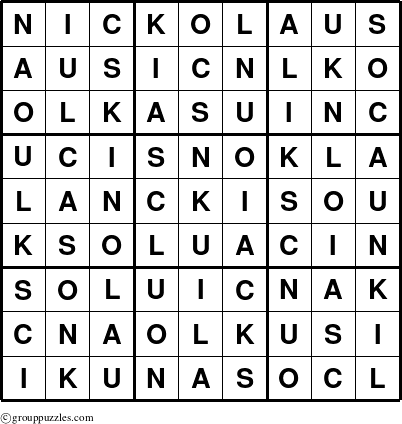 The grouppuzzles.com Answer grid for the Nickolaus puzzle for 