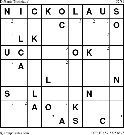 The grouppuzzles.com Difficult Nickolaus puzzle for  with the first 3 steps marked