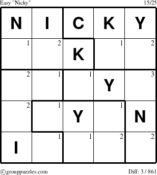 The grouppuzzles.com Easy Nicky puzzle for  with the first 3 steps marked