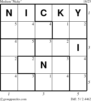 The grouppuzzles.com Medium Nicky puzzle for  with all 5 steps marked