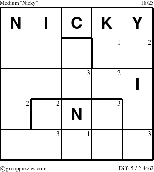 The grouppuzzles.com Medium Nicky puzzle for  with the first 3 steps marked