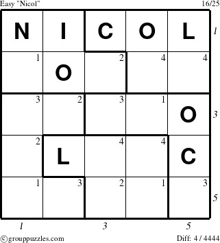 The grouppuzzles.com Easy Nicol puzzle for  with all 4 steps marked