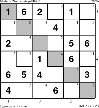 The grouppuzzles.com Medium Nonlatin-6up-UR-D puzzle for  with all 5 steps marked