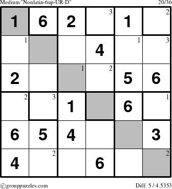 The grouppuzzles.com Medium Nonlatin-6up-UR-D puzzle for  with the first 3 steps marked