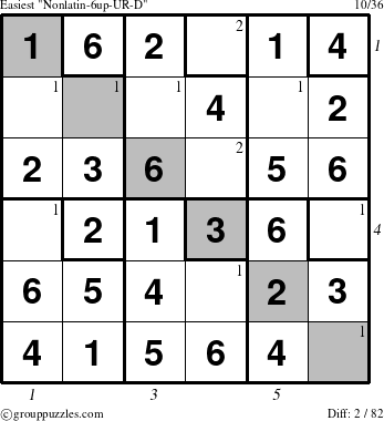 The grouppuzzles.com Easiest Nonlatin-6up-UR-D puzzle for  with all 2 steps marked