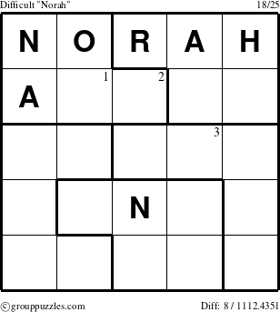 The grouppuzzles.com Difficult Norah puzzle for  with the first 3 steps marked