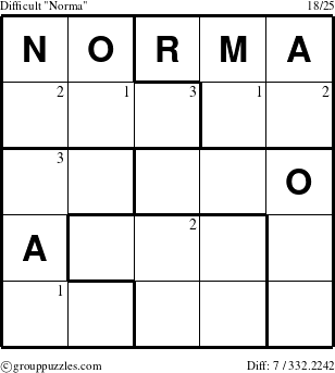 The grouppuzzles.com Difficult Norma puzzle for  with the first 3 steps marked