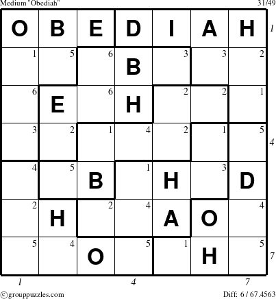 The grouppuzzles.com Medium Obediah puzzle for  with all 6 steps marked