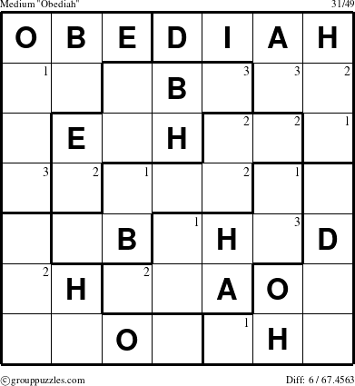 The grouppuzzles.com Medium Obediah puzzle for  with the first 3 steps marked
