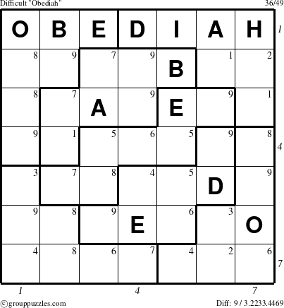 The grouppuzzles.com Difficult Obediah puzzle for  with all 9 steps marked