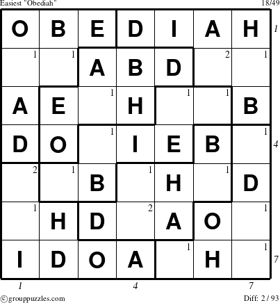 The grouppuzzles.com Easiest Obediah puzzle for  with all 2 steps marked