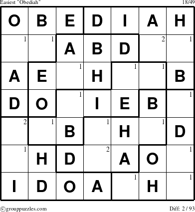The grouppuzzles.com Easiest Obediah puzzle for  with the first 2 steps marked