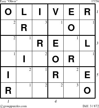The grouppuzzles.com Easy Oliver puzzle for  with all 3 steps marked