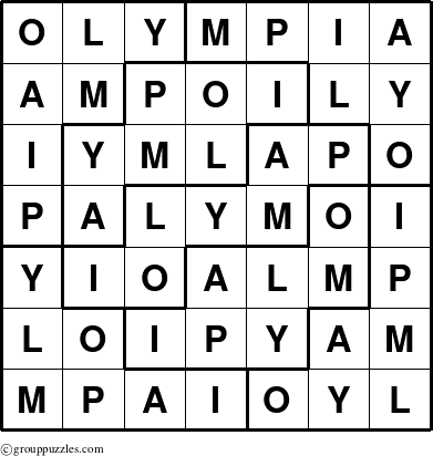 The grouppuzzles.com Answer grid for the Olympia puzzle for 