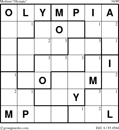 The grouppuzzles.com Medium Olympia puzzle for  with the first 3 steps marked