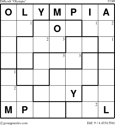 The grouppuzzles.com Difficult Olympia puzzle for  with the first 3 steps marked