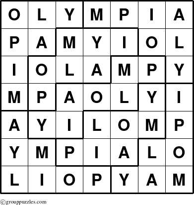 The grouppuzzles.com Answer grid for the Olympia puzzle for 