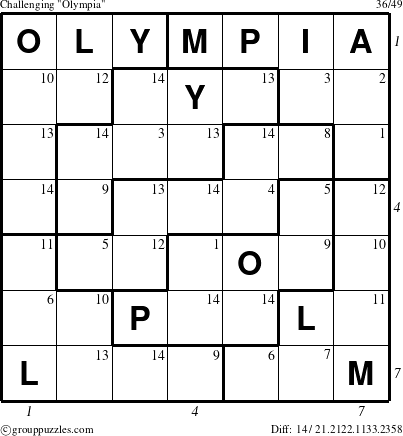 The grouppuzzles.com Challenging Olympia puzzle for  with all 14 steps marked