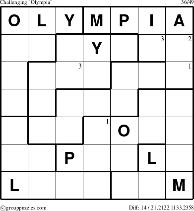 The grouppuzzles.com Challenging Olympia puzzle for  with the first 3 steps marked
